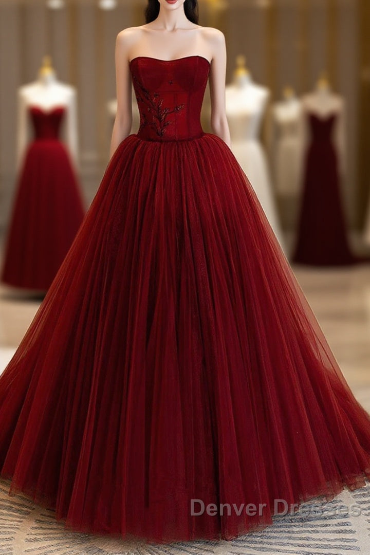 Wine Red Scoop Sweetheart Tulle Ball Gown Prom Dress, Wine Red Tulle Evening Dress Main image