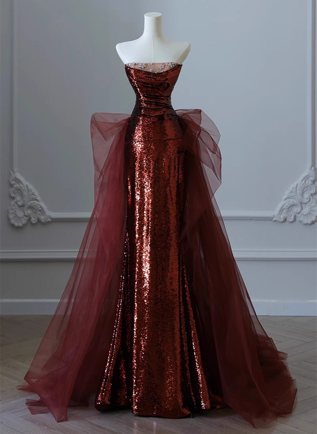 Wine Red Sequins And Tulle Beaded Long Party Dress, Wine Red Evening Dress Main image
