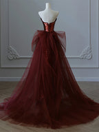 Wine Red Sequins And Tulle Beaded Long Party Dress, Wine Red Evening Dress
