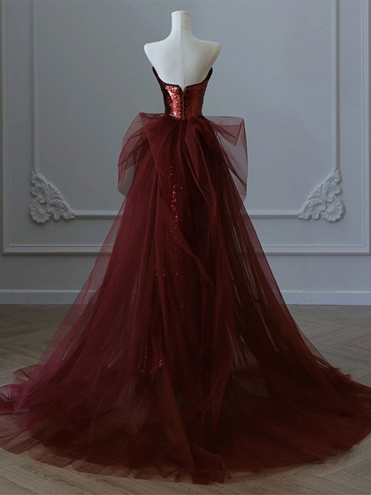 Wine Red Sequins And Tulle Beaded Long Party Dress, Wine Red Evening Dress