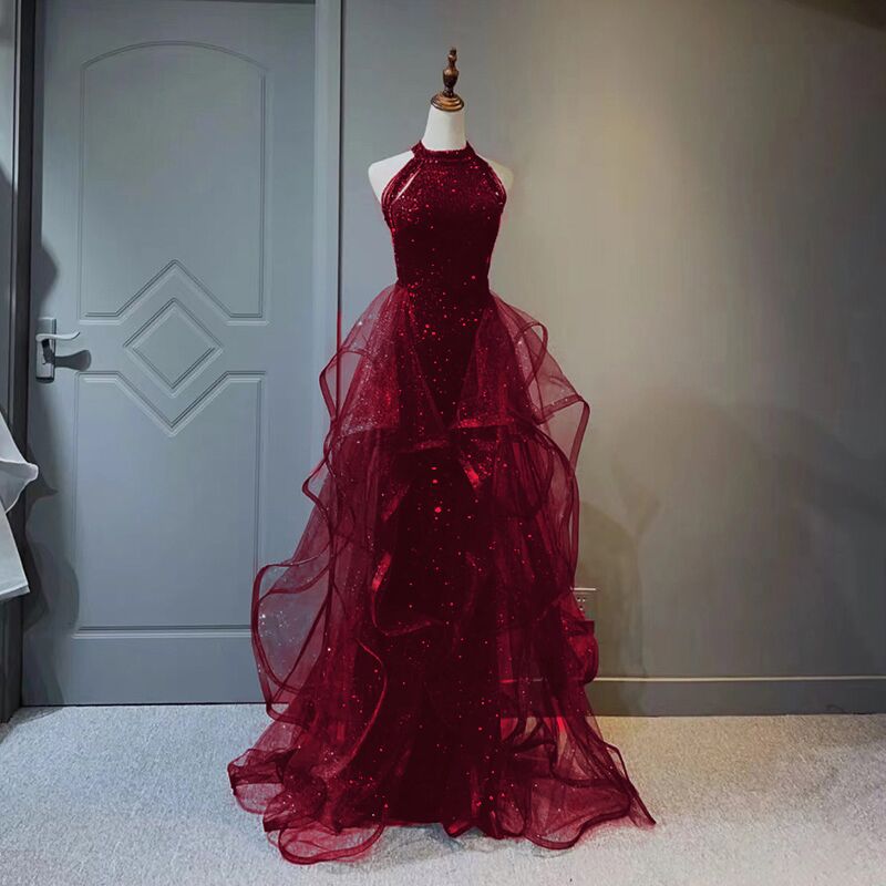 Wine Red Sequins And Tulle Halter Long Prom Dress, Wine Red Evening Dress