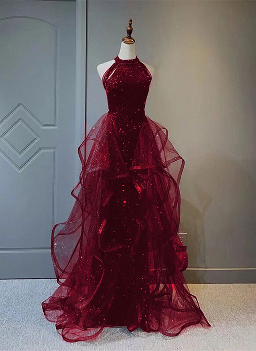 Wine Red Sequins And Tulle Halter Long Prom Dress, Wine Red Evening Dress Main image