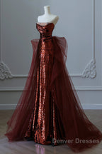 Wine Red Sequins And Tulle Long Formal Dress, Wine Red Prom Dress