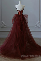 Wine Red Sequins And Tulle Long Formal Dress, Wine Red Prom Dress