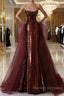 Wine Red Sequins And Tulle Long Formal Dress, Wine Red Prom Dress