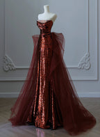 Wine Red Sequins And Tulle Long Party Dress, Wine Red Evening Dress Prom Dress