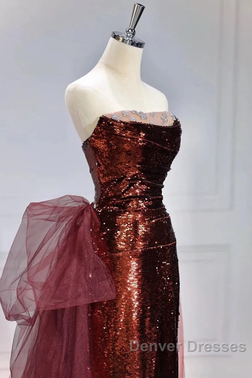 Wine Red Sequins Long Party Dress With Tulle, Wine Red Long Formal Dress Prom Dress Secondary image