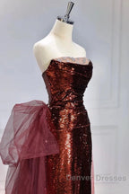 Wine Red Sequins Long Party Dress With Tulle, Wine Red Long Formal Dress Prom Dress