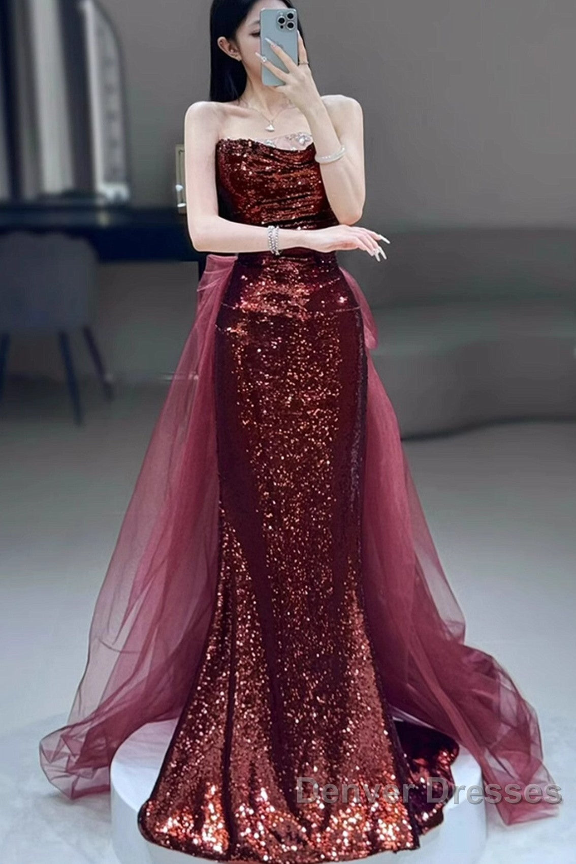Wine Red Sequins Long Party Dress With Tulle, Wine Red Long Formal Dress Prom Dress