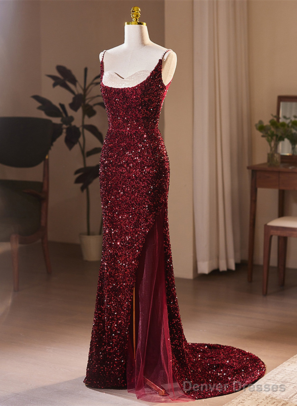 Wine Red Sequins Mermaid Long Formal Dress, Wine Red Evening Dress Party Dress Main image