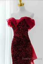 Wine Red Sequins Mermaid Long Party Dress, Off Shoulder Sweetheart Prom Dress