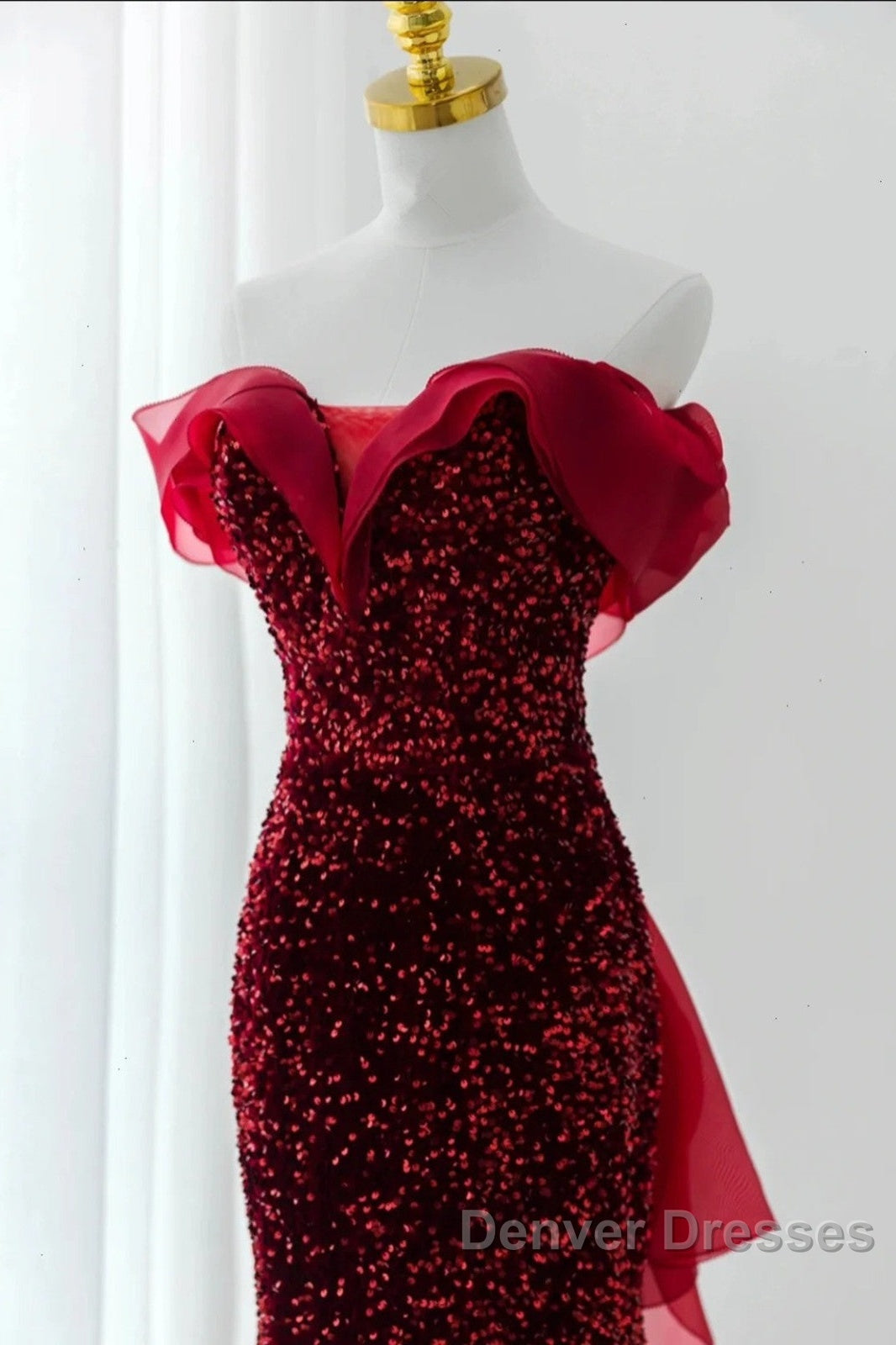 Wine Red Sequins Mermaid Long Party Dress, Off Shoulder Sweetheart Prom Dress Secondary image