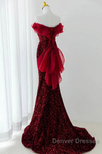 Wine Red Sequins Mermaid Long Party Dress, Off Shoulder Sweetheart Prom Dress