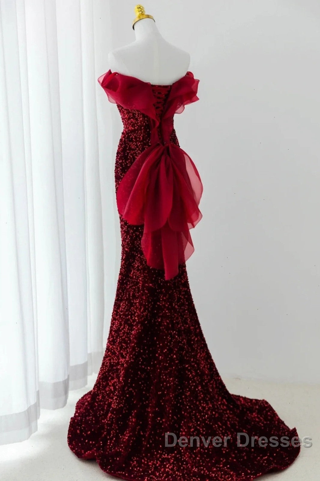 Wine Red Sequins Mermaid Long Party Dress, Off Shoulder Sweetheart Prom Dress