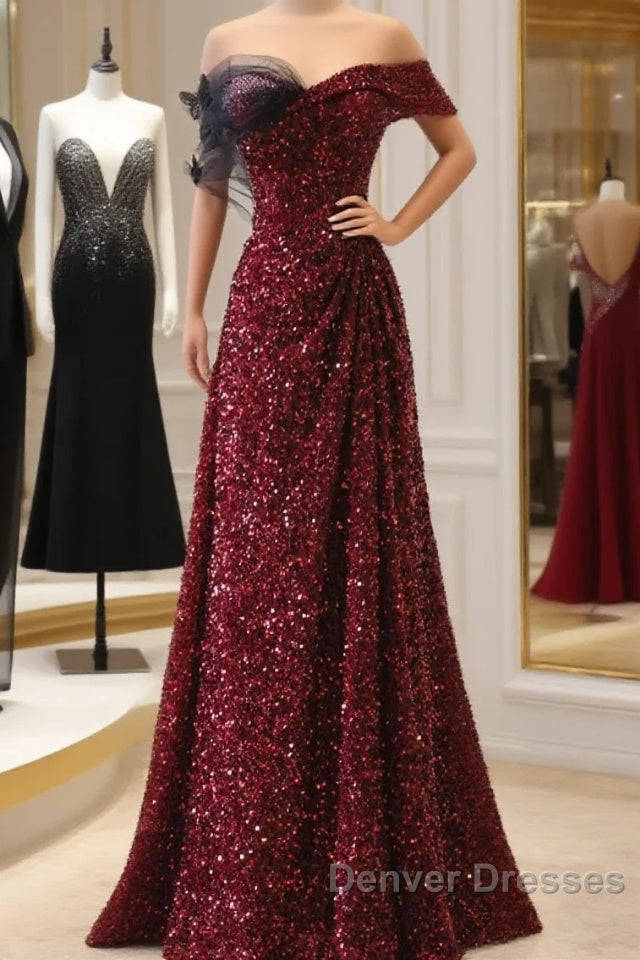 Wine Red Sequins Off Shoulder Long Party Dress, A-Line Sequins Prom Dress Main image