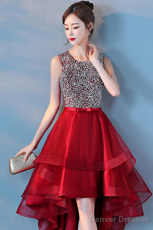Wine Red Sequins Tulle High Low Round Neckline Party Dresses, Dark Red Homecoming Dresses Secondary image
