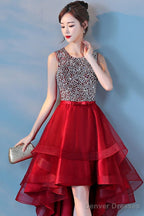 Wine Red Sequins Tulle High Low Round Neckline Party Dresses, Dark Red Homecoming Dresses
