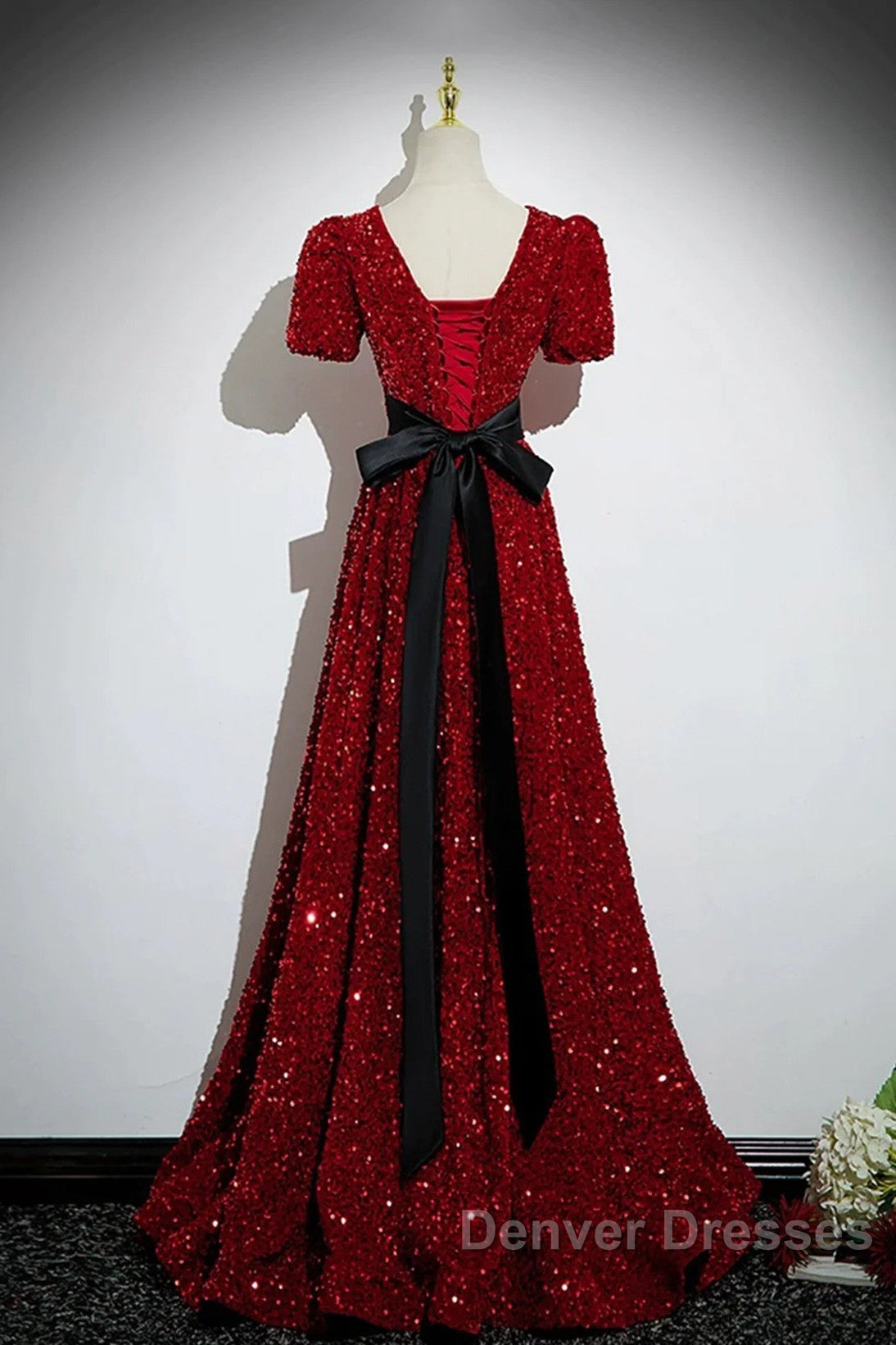 Wine Red Sequins V-Neckline Short Sleeves Party Dress, Wine Red Evening Dress