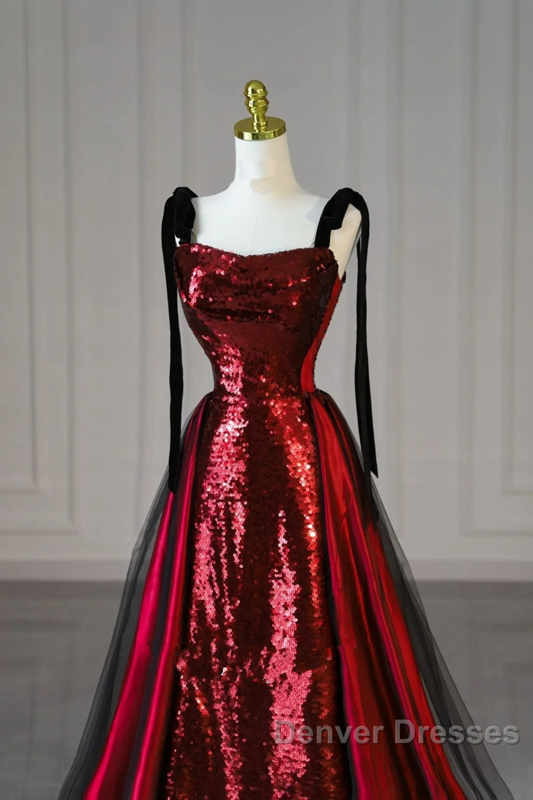 Wine Red Sequins With Black Tulle Straps Long Party Dress, Wine Red Sequins Prom Dress Secondary image