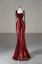 Wine Red Sequins With Black Tulle Straps Long Party Dress, Wine Red Sequins Prom Dress