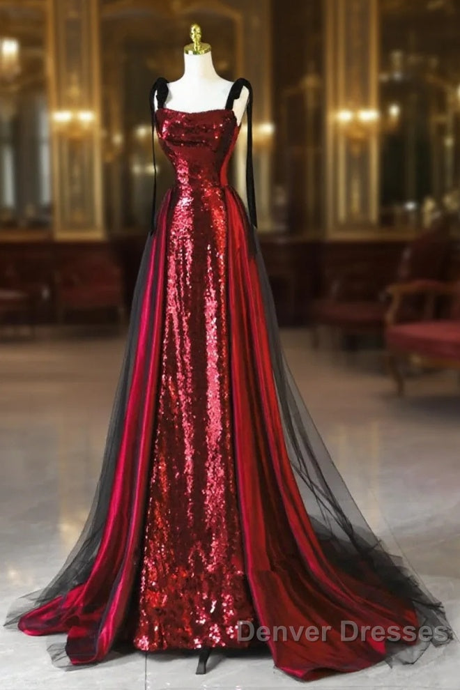 Wine Red Sequins With Black Tulle Straps Long Party Dress, Wine Red Sequins Prom Dress