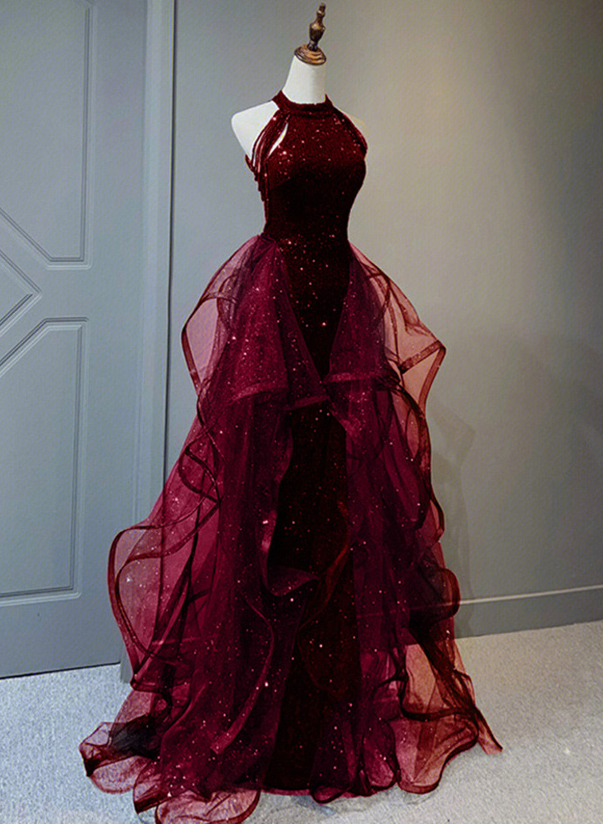 Wine Red Sequins With Tulle Long Party Dress, Wine Red Halter Evening Dress Main image