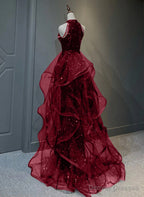 Wine Red Sequins with Tulle Long Party Dress, Wine Red Halter Evening Dress