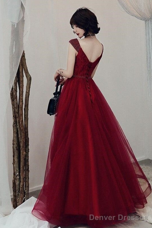 Wine Red Sexy V-Neck Beaded Tulle Long Prom Dress, Dark Red Tulle With Applique Evening Dresses Secondary image