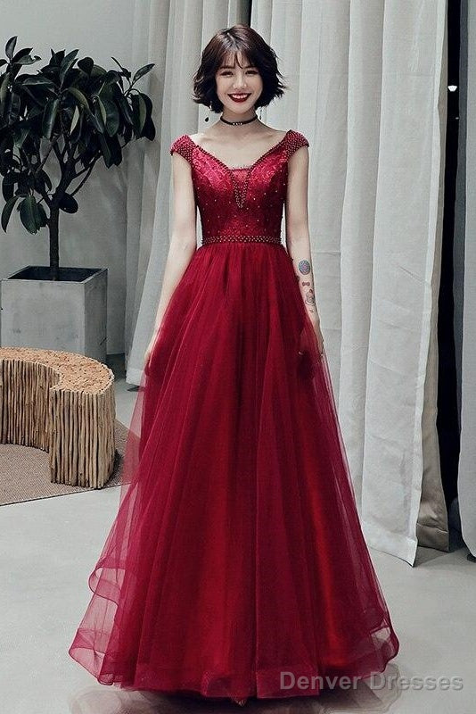Wine Red Sexy V-Neck Beaded Tulle Long Prom Dress, Dark Red Tulle With Applique Evening Dresses Main image