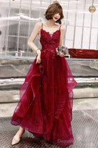 Wine Red Shiny Tulle Layers Straps Party Dress With Lace, V-Neckline Prom Dress