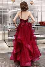 Wine Red Shiny Tulle Layers Straps Party Dress With Lace, V-Neckline Prom Dress