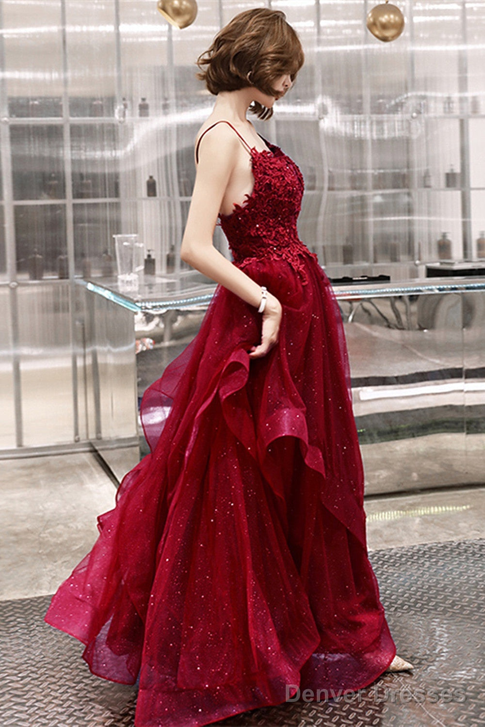 Wine Red Shiny Tulle Layers Straps Party Dress With Lace, V-Neckline Prom Dress Main image