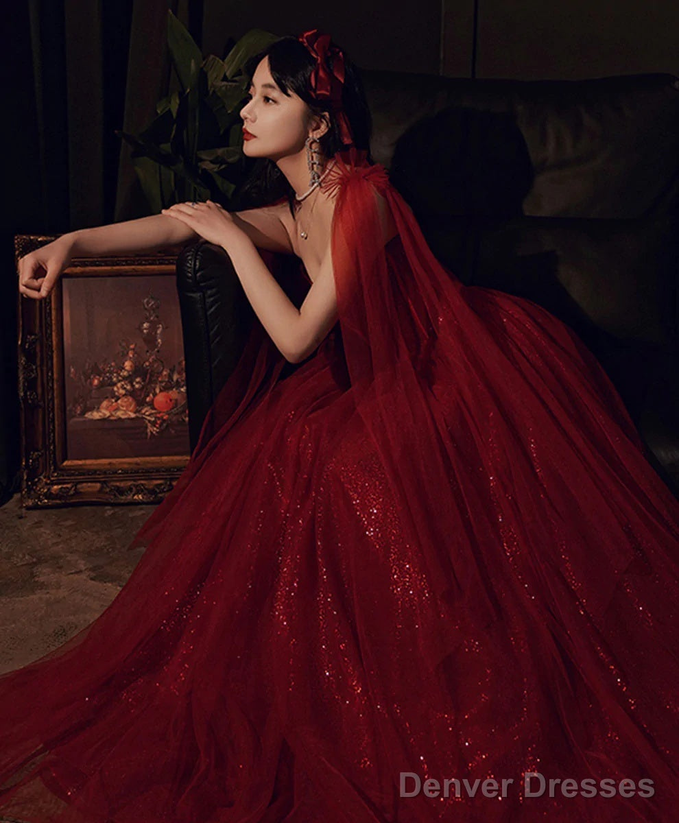 Wine Red Shiny Tulle Straps Long Evening Dress, A-Line Tulle Junior Prom Dress Secondary image