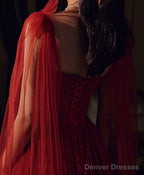 Wine Red Shiny Tulle Straps Long Evening Dress, A-Line Tulle Junior Prom Dress