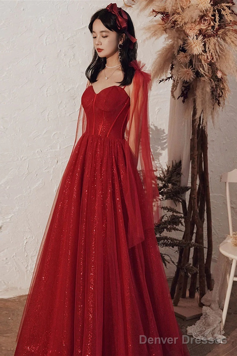 Wine Red Shiny Tulle Straps Long Evening Dress, A-Line Tulle Junior Prom Dress Main image