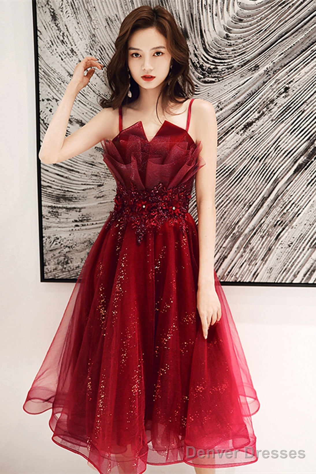Wine Red Shiny Tulle Straps Short Homecoming Dress, Wine Red Tulle Short Prom Dress Secondary image
