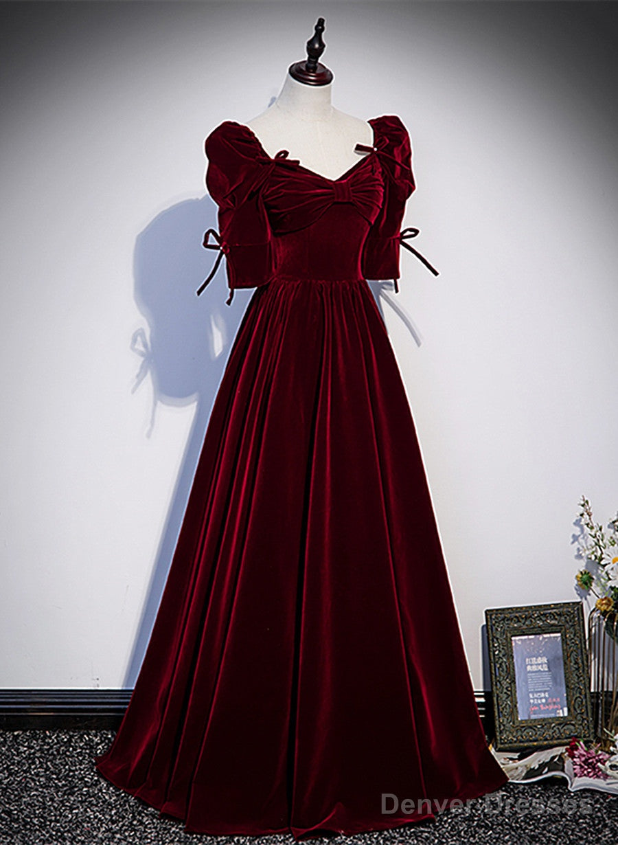 Wine Red Short Sleeves A-line Long Party Dress, Wine Red Bridesmaid Dress Main image
