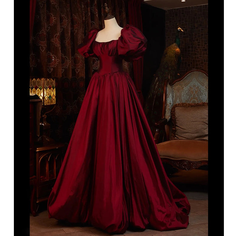 Wine Red Short Sleeves Floor Length Long Evening Dress, Ball Gown Formal Dress