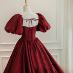 Wine Red Short Sleeves Floor Length Long Evening Dress, Ball Gown Formal Dress