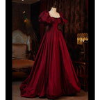 Wine Red Short Sleeves Floor Length Long Evening Dress, Ball Gown Formal Dress
