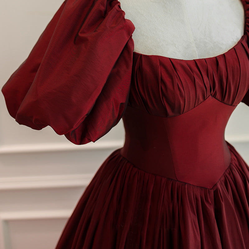Wine Red Short Sleeves Floor Length Long Evening Dress, Ball Gown Formal Dress