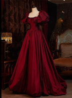 Wine Red Short Sleeves Floor Length Long Evening Dress, Ball Gown Formal Dress