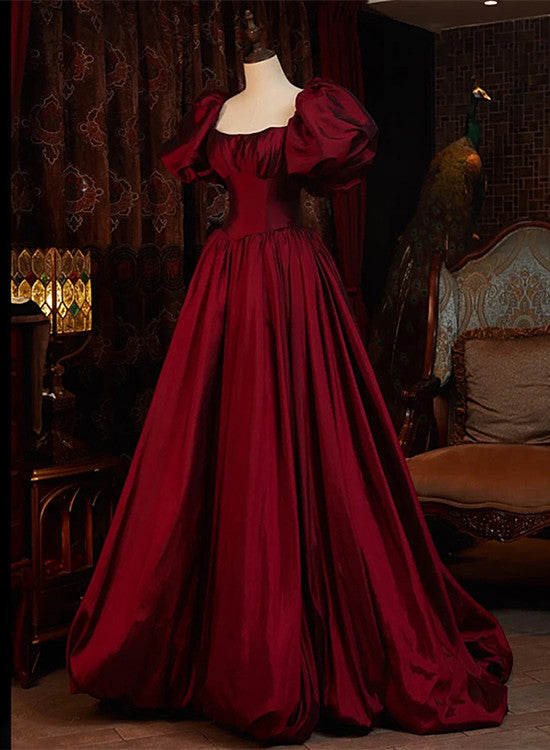 Wine Red Short Sleeves Floor Length Long Evening Dress, Ball Gown Formal Dress