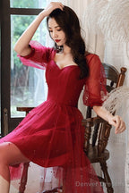 Wine Red Short Sleeves Homecoming Dress Prom Dress, Wine Red Party Dress