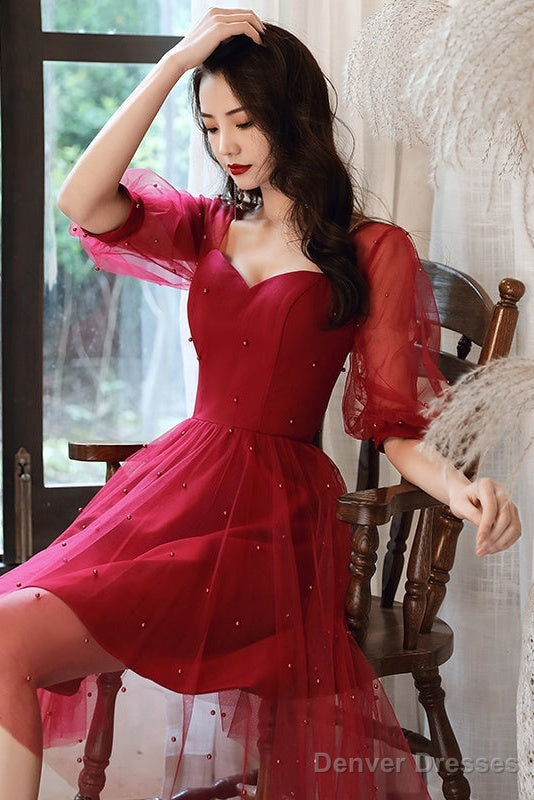 Wine Red Short Sleeves Homecoming Dress Prom Dress, Wine Red Party Dress