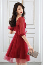 Wine Red Short Sleeves Homecoming Dress Prom Dress, Wine Red Party Dress