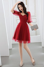Wine Red Short Sleeves Homecoming Dress Prom Dress, Wine Red Party Dress