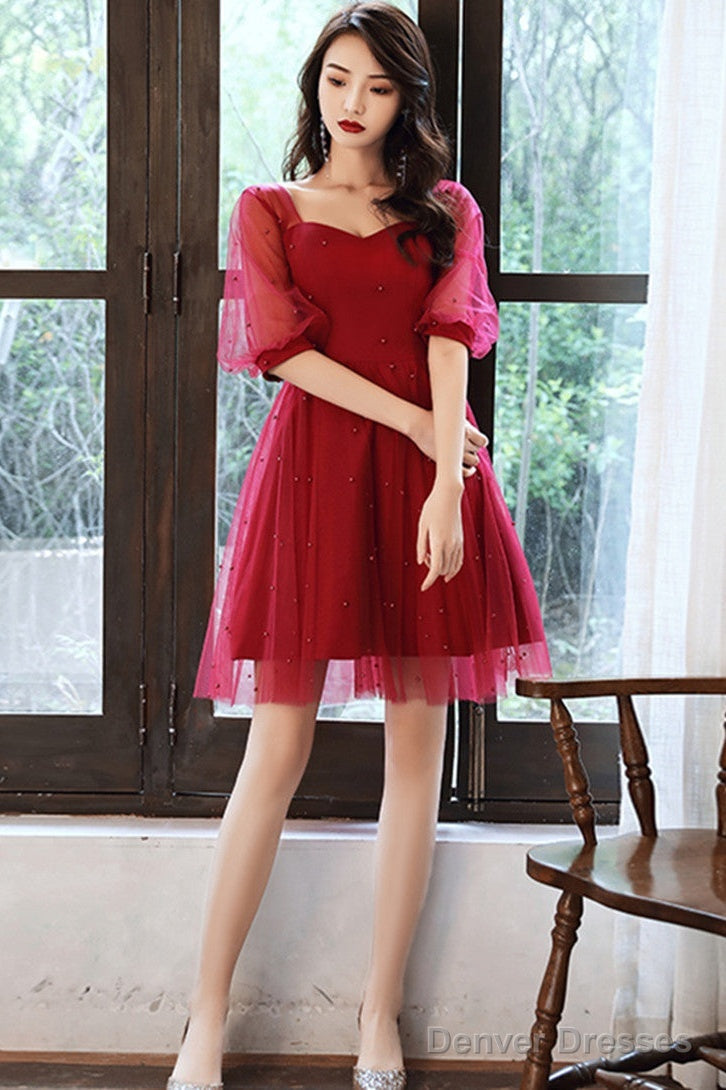 Wine Red Short Sleeves Homecoming Dress Prom Dress, Wine Red Party Dress