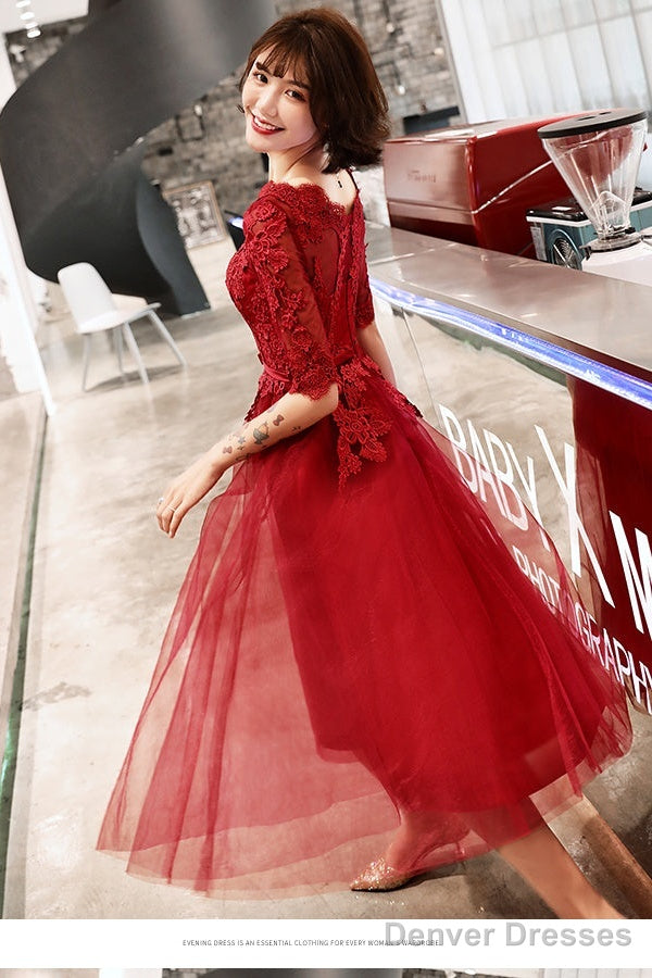 Wine Red Short Sleeves Lace And Tulle Lovely Homecoming Dress, Wine Red Prom Dress Party Dress Secondary image