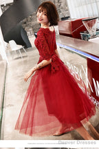 Wine Red Short Sleeves Lace And Tulle Lovely Homecoming Dress, Wine Red Prom Dress Party Dress